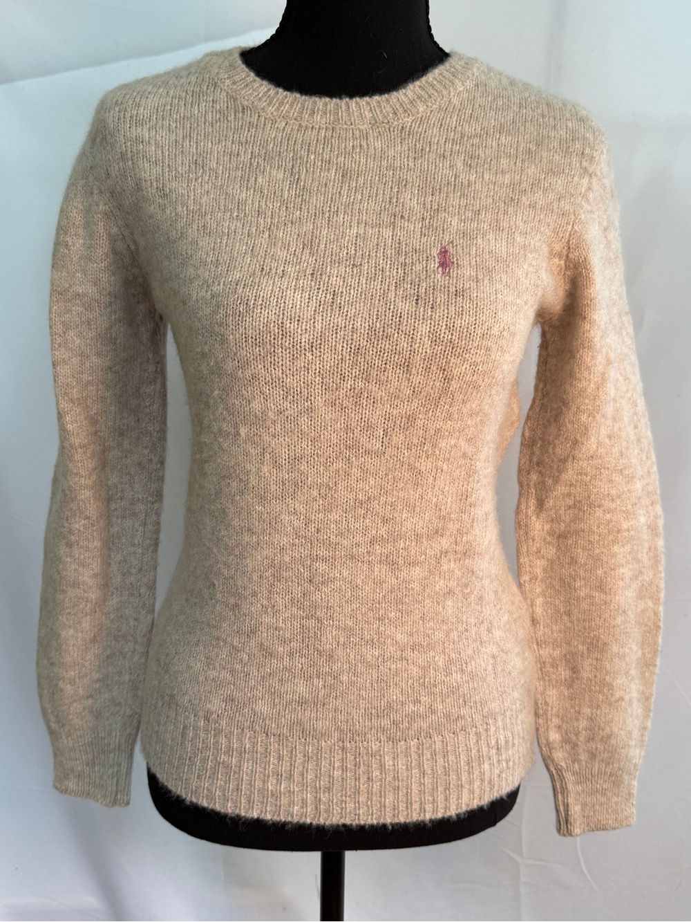 Ralph Lauren Cream Crewneck Sweater with Pink Polo Logo